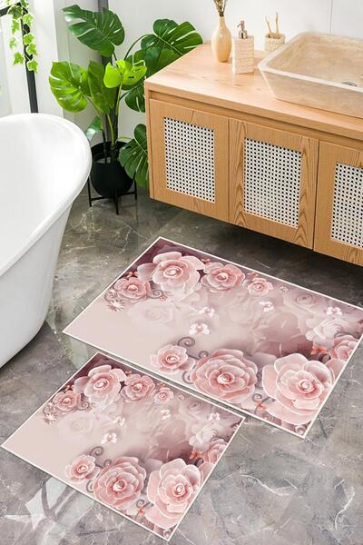 Pelura Halı Digital Printing Pink Rose Pattern Non-Slip Base Set of 2 Bath Mat Toilet Set (50X60Cm-60X100Cm)