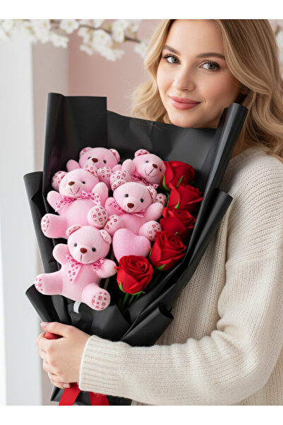 Linalux Gifts Sevgiliye Hediye - Kırmızı Güllü Pembe Ayıcıklı Buket - Sevgili...