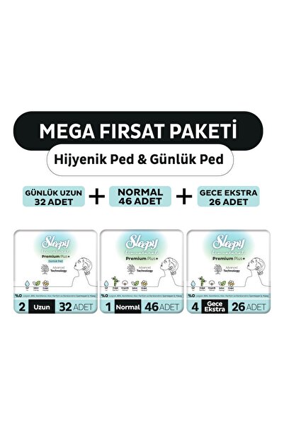 Sleepy Bio Natural Premium Plus Hijyenik Ped Mega Fırsat Paketi 72 Adet + Günlük Ped Uzun 32 Adet