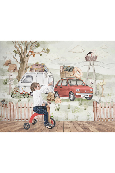Tasarım Kırmızı Araba ve Karavan Kamp Orman Doğa Çocuk Odası Duvar Kağıdı
