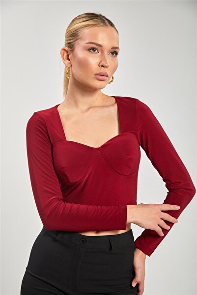 BARRELS AND OIL بلوزة نسائية بأكمام طويلة وياقة مربعة - عنابي