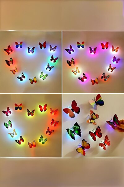 BERŞUNA Butterfly 5 Adet Pilli Yapışkanlı Çok Renkli Dekoratif Led Duvar Apliği