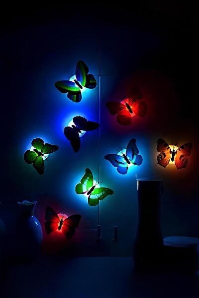 BERŞUNA Butterfly 5 Adet Pilli Yapışkanlı Çok Renkli Dekoratif Led Duvar Apliği