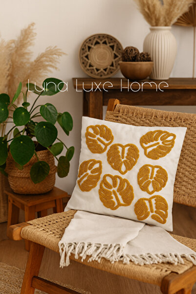 Luna Luxe Home Punch Nakış İşlemeli Yaprak Desen Kırlent Kılıfı (Hardal/Kiremit/Antrasit)