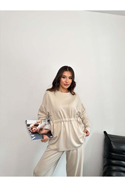 Hatun Atila Modal Fabric Set with Lace-Up Waist Draped Top and Wide-Leg Pants 3002 - Beige