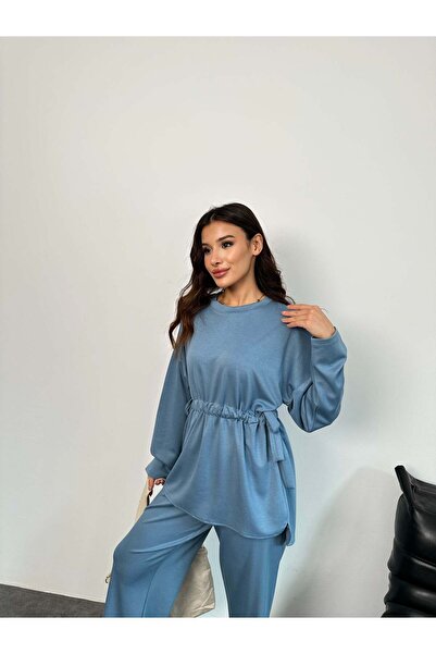 Hatun Atila Modal Fabric Set with Lace-Up Waist Draped Top and Wide-Leg Pants 3002 - Blue