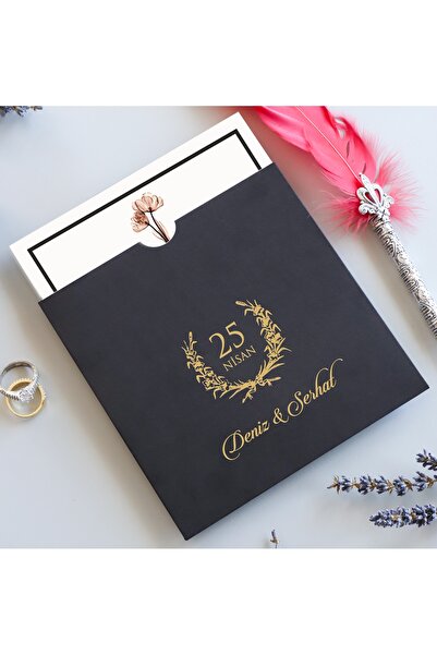 Pixel Davetiye 50 Adet Siyah Düğün Davetiye Altın Yaldızlı-Düğün-Nişan-Kına-Sünnet Davetiyesi-2456