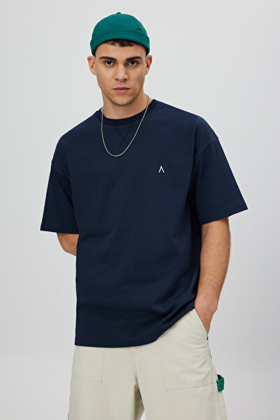 BABOKAH تي شيرت جيرسي ثقيل كبير الحجم بأكمام قصيرة - أزرق داكن - 100% قطن