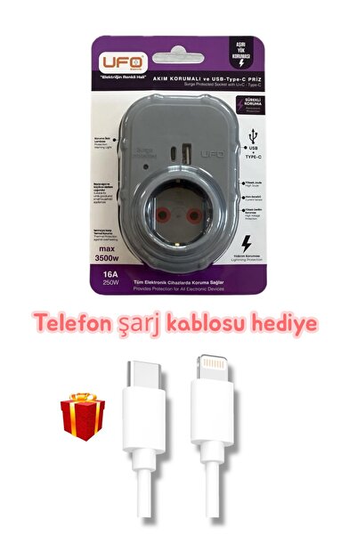 UFO Akım korumalı priz usb type-c Gri renk termal 3000 watt telefon şarj kablosu hediyeli