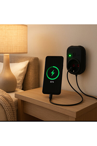 UFO Akım korumalı priz usb type-c siyah renk termal 3000 watt telefon şarj kablosu hediyeli