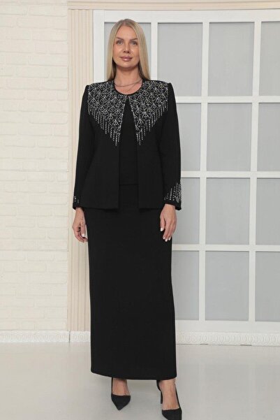 MİSS DİAMOND سترة أنيقة مع تفاصيل تطريز بالحجارة، بدلة ثلاثية باللون الأسود ب...