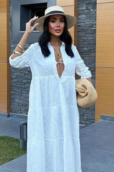 THE VOLER Kimberly Fistolu Uzun Elbise -BEYAZ