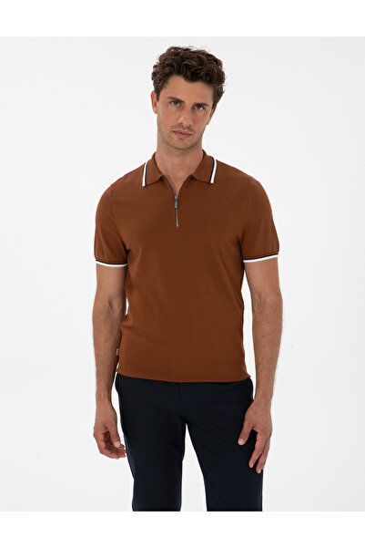 Pierre Cardin سترة تريكو بنية اللون بياقة بولو وسحاب، مقاس نحيف 50315745-VR040