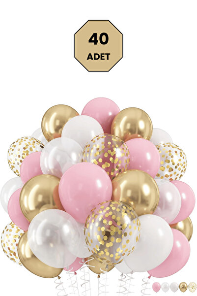 Bunloon Pembe Beyaz Altın Balon Seti 40 Adet Pastel Metalik Şeffaf Doğum Günü...