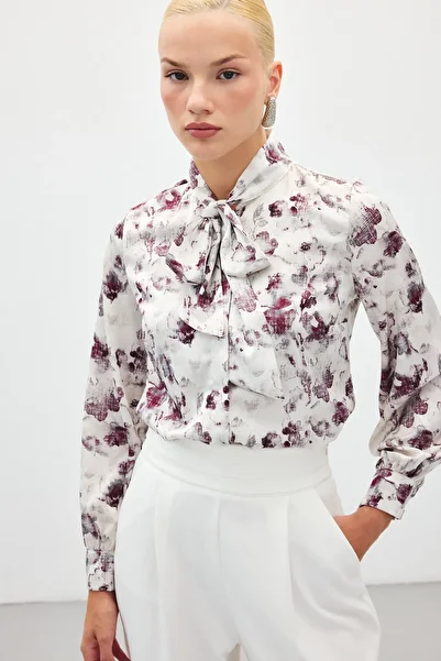 Sateen Printed Shirt with Scarf - Burgundy