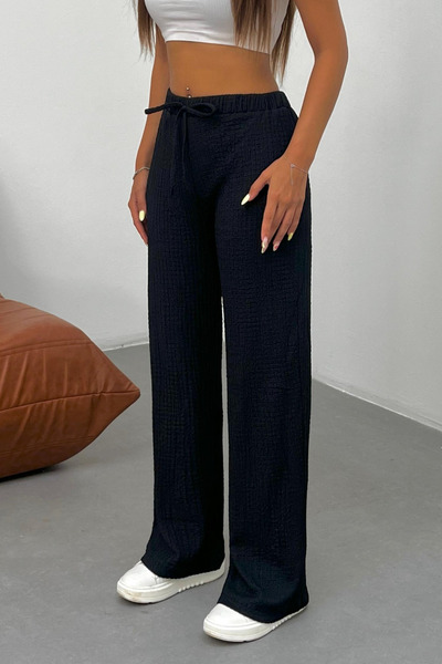 BİKELİFE Women's High Waist Wrinkled Detailed Seersucker Fabric Full Lycra/Flexible Trousers