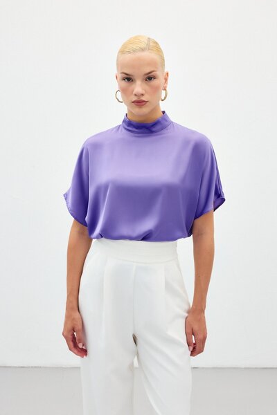Sateen Bat Sleeve Casual Blouse - Lilac