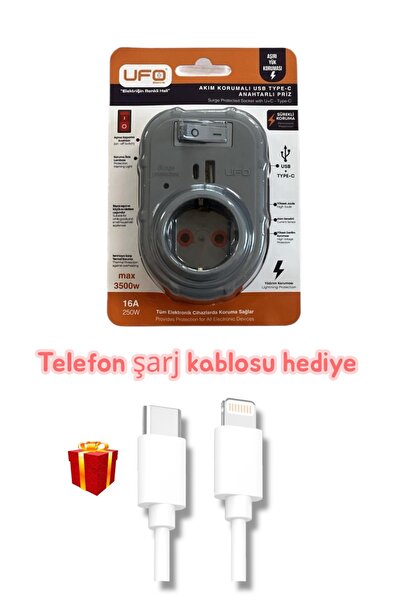UFO Akım korumalı priz anahtarlı usb type-c Gri renk termal 3000 watt telefon şarj kablosu hediyeli