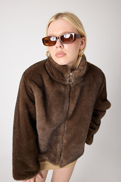 MODA DARELL Premi̇um Kürk Düz Yaka Ceket Aci Kahve