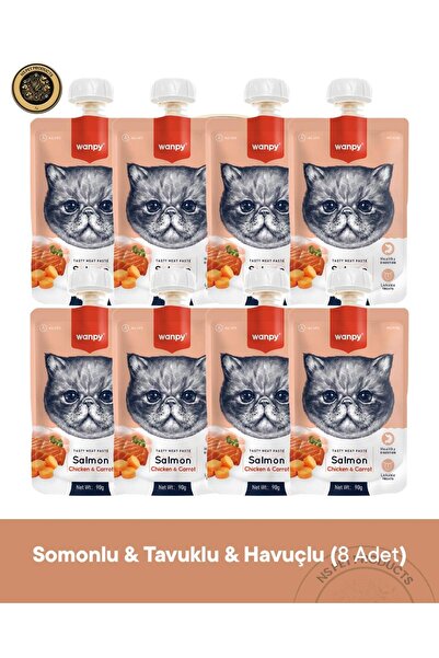 Wanpy Somon & Tavuk & Havuç Kedi Et Ezmesi Kedi Ödül Maması Seti 8x90 gr