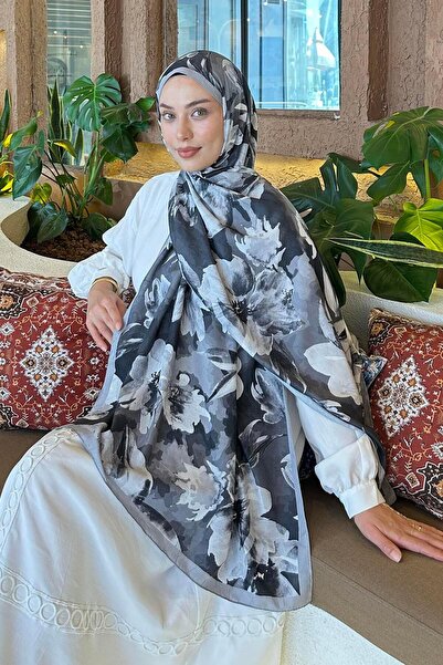 lamelif Çiçek Desen Bambu Şal Siyah
