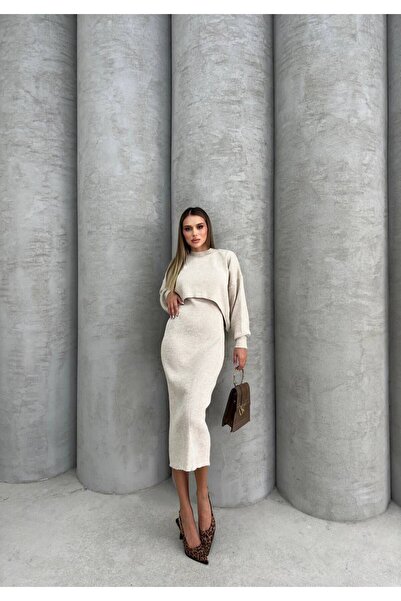 hiraz fashion Women's Ecru Strap Dress Blouse Knitwear Set