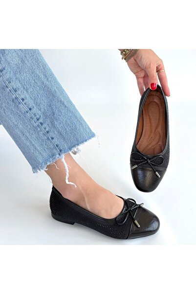 BESKAR Etya Black Leather Ballerina Shoes