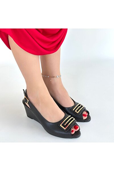 BESKAR Mamba Black Leather Wedge Heel Shoes