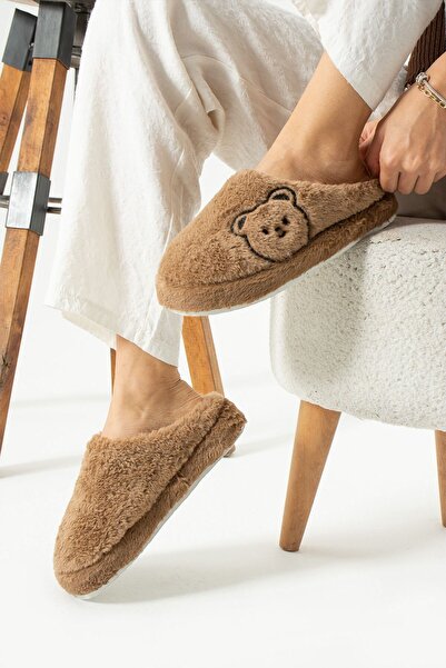 ALTUNTAŞ Winter Teddy Bear Embroidered Anatomical Indoor Slippers & Slippers Models Salmon