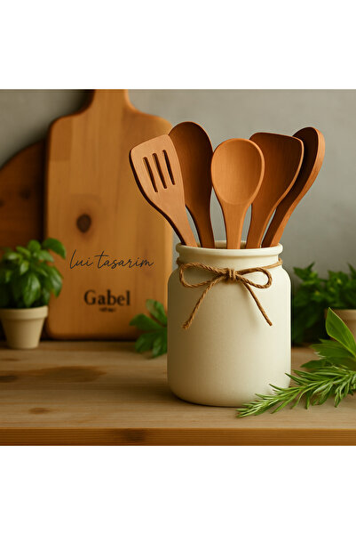 Lui Tasarım Krem Rengi Seramik Tezgah üstü Kaşıklık 17cm Mutfak Dekorasyon Tahta Kaşıklık
