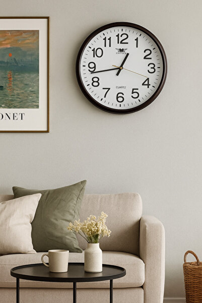 Living Round Wall Clock, White with Brown Frame, 37 cm