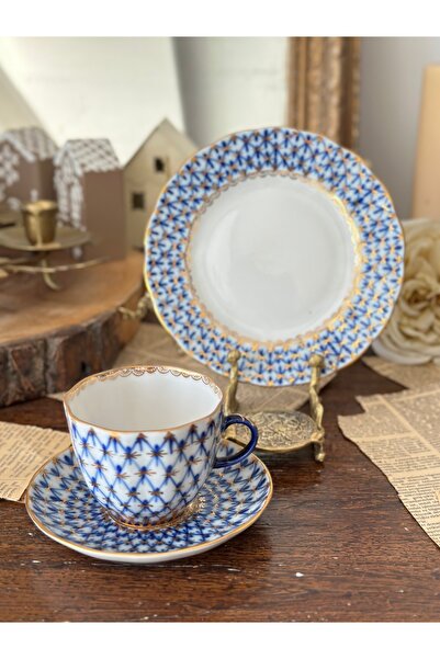 LOMONOSOV Antika İmperial Porselen Rus Ağ Desen Kobalt Mavi Beyaz Altın Double Kahve Trio 3lü