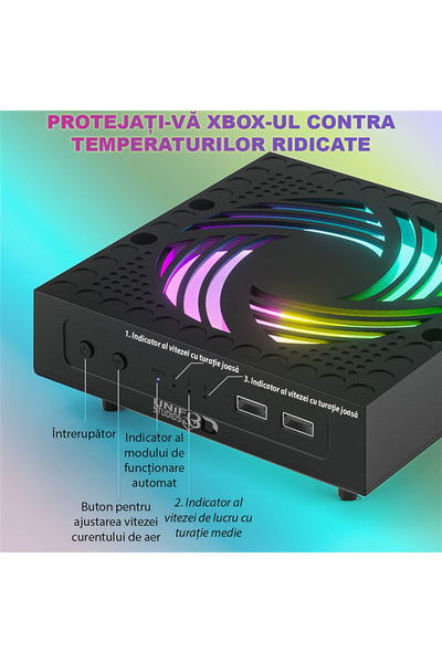 Unified Studios Ventilator Xbox Seria X, 3 viteze, LED RGB, 2 USB, suport detasabil casti si controller