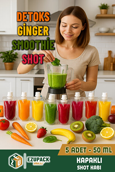 Ezupack Smoothie Detoks Ginger Şeffaf Plastik Sızdırmaz Kapak Organik Meyve Suyu Meybuz Doypack Ambalaj Kabı