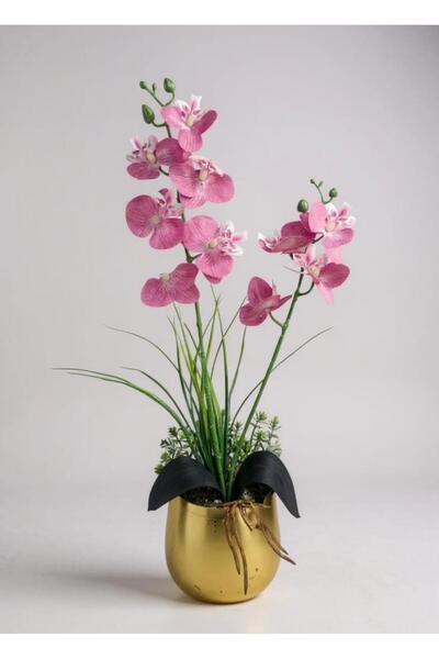 Nettenevime Yapay Çiçek Pembe Islak Orkide Gold Metal Saksıda Saksıda Orkide 50cm