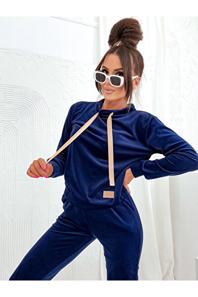 UniqueStore.ro Trening bleumarin din catifea cu șnur bej