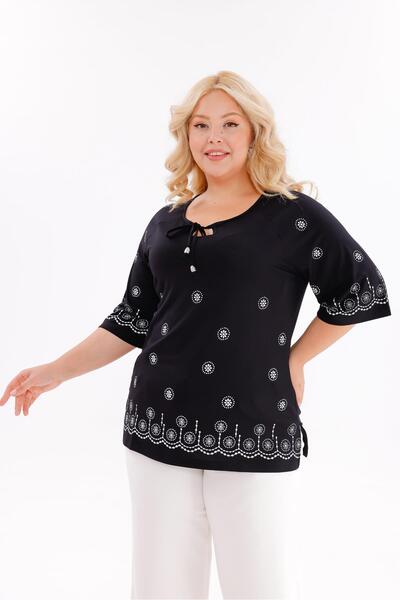 Siyezen Plus Size Printed Lace-Up Detailed Blouse
