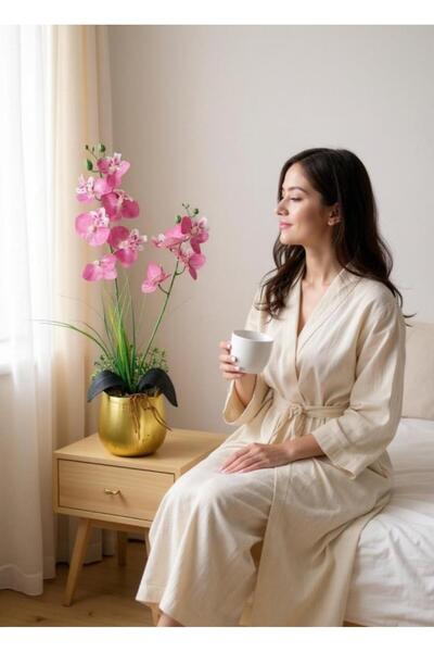 Nettenevime Yapay Çiçek Pembe Islak Orkide Gold Metal Saksıda Saksıda Orkide 50cm