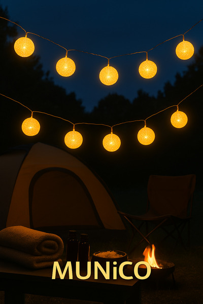 Munico 2m 10’lu Beyaz Top LED Işık Pilli, Dekoratif ve Sıcak Aydınlatma Zinci...