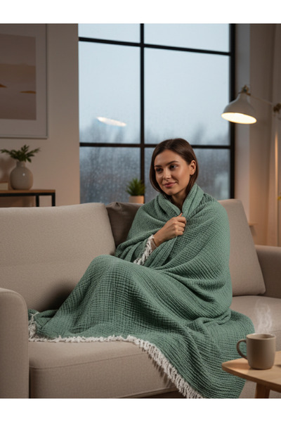 uraltaytowel Yeşil %100 Pamuk 4 Katlı Müslin Dekoratif Koltuk Şalı/TV Battaniyesi/Pike/Yatak Örtüsü 240x260 cm