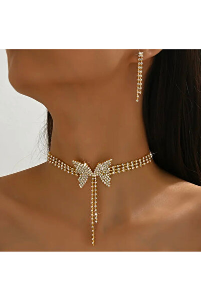 NISHPOINT ALTIN RENGİ KELEBEKLİ CHOKER TASMA KOLYE VE KÜPE SET