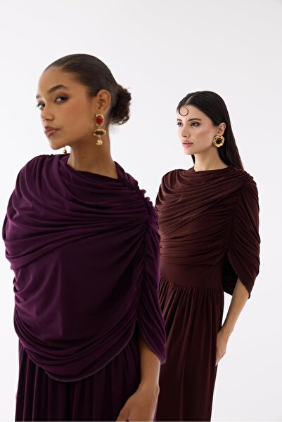 HAZELANNA Kayık Yaka Mürdüm Uzun Tasarım Elbise