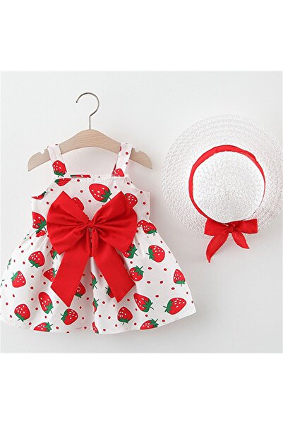 OEM Little Girl Dress with Hat, White with Strawberries and Red Bow, Cotton, 18-24 Months,
