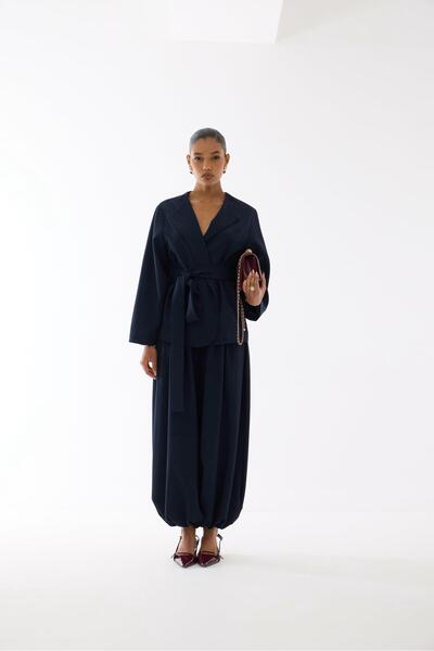 HAZELANNA Polyviscose Navy Blue Shalwar-Kimono Set