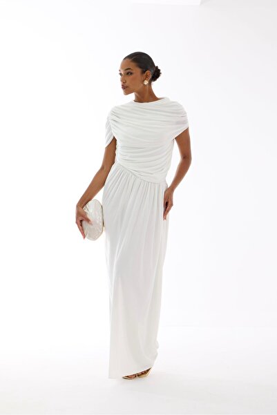 HAZELANNA Kayık Yaka Beyaz Uzun Tasarım Elbise