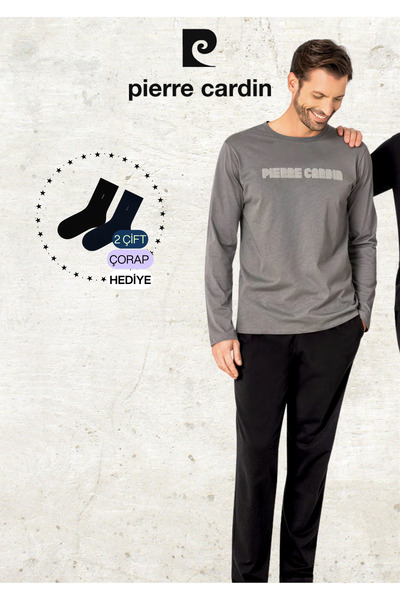 Pierre Cardin Men's Clothing 100% Cotton Long Sleeve Dark Gray Pajama Set (2 Gift Socks) L1.Pc.6093.001