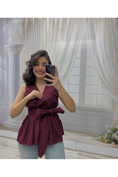 BYB POPLİN KUMAŞ KRUVAZE YAKA KUŞAKLI BORDO BLUZ
