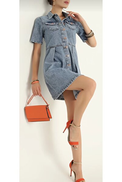 Genel Markalar MAVİ ÇİFT CEP TASARIM KADIN KOT ELBİSE