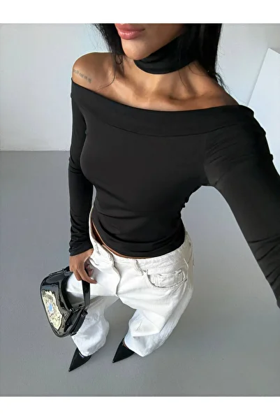 glanour Off-The-Shoulder Long Sleeve Blouse with Matching Neck Accessory