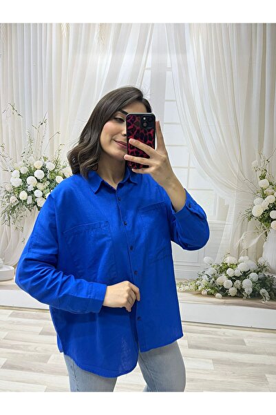 SAKS MAVİSİ BÜYÜK ÇİFT GÖMLEKLİ KETEN GÖMLEK